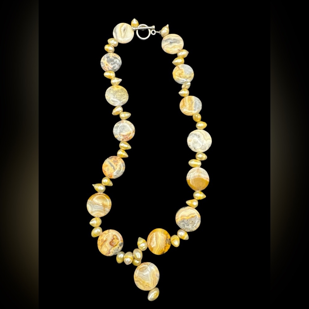 Vintage Sterling Silver Crazy Lace Agate and Pearl Cluster Necklace 20.25”